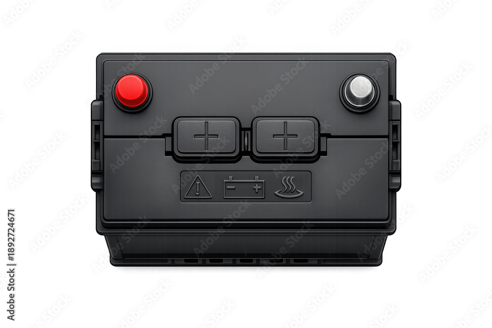 Fototapeta premium Modern car battery with red and silver terminals and warning symbols on black background