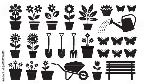Garden and gardening silhouette icon set with plants flowers and tools