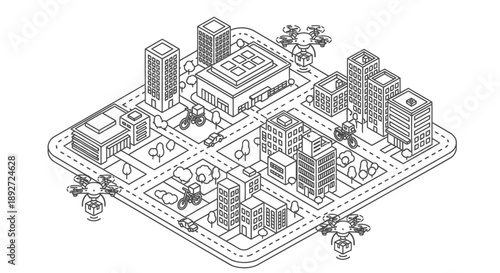 Drone delivery system in a futuristic cityscape with skyscrapers and infrastructure