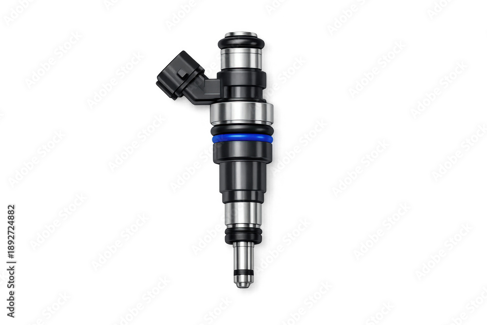 Fototapeta premium Automotive fuel injector isolated on black background, precision engineering for optimal performance