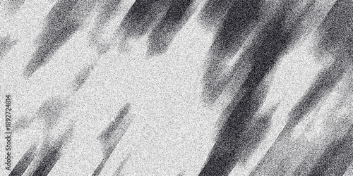Abstract monochrome pattern with diagonal dark fuzzy shapes and lines scattered across a speckled white background, creating a sense of depth and movement