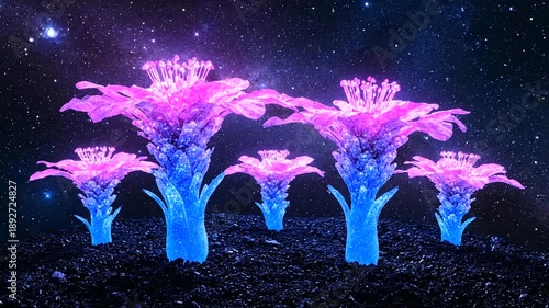 Surreal Flowers Blooming in the Cosmos with Vibrant Colors and Light.