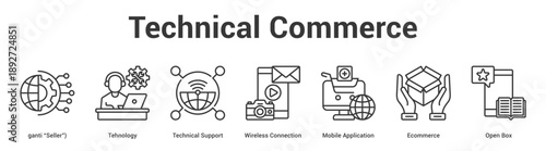 Technical Commerce web banner icon set vector illustration concept for business with icon of Tehnology, Technical Support, Wireless Connection, Mobile Application, Ecommerce, O.