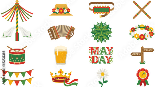 Large Set of Flat Vector Icons for British May Day and Morris Dancing.