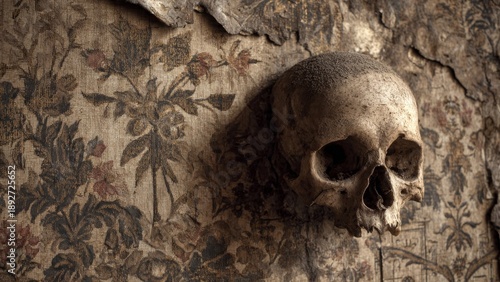 Skull emerging from decaying floral wallpaper - Memento Mori concept

