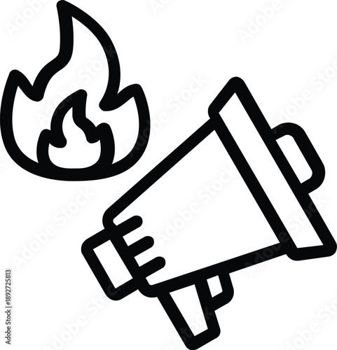 Fire Alarm Megaphone Icon, Emergency Alert and Warning Notification Line Vector Illustration Isolated on White