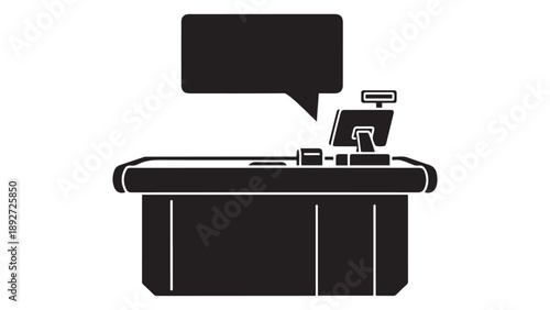 Vector black silhouette illustration of a retail checkout counter with a cash register POS system and a blank speech bubble for customer service and grocery store communication concepts