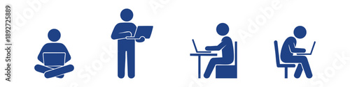 Work and laptop icon set showing studying, office work and remote jobs. Ideal for business projects, education platforms, freelance concepts, productivity apps and UI design.
