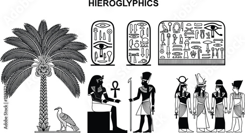Ancient Egyptian hieroglyphics, cultural symbols, traditional figures, sacred icons, historical writing, mythology art, educational illustration, black silhouette, flat vector