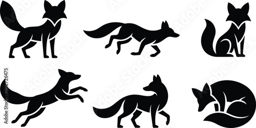 Black silhouette vector set featuring wild foxes in various poses including running jumping standing and sitting for nature wildlife conservation and animal mascot design