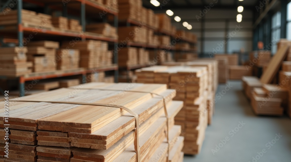 Obraz premium Packaged boards of fine wood species in the finished goods warehouse of a wood manufacturing plant, packaged and ready for shipment 