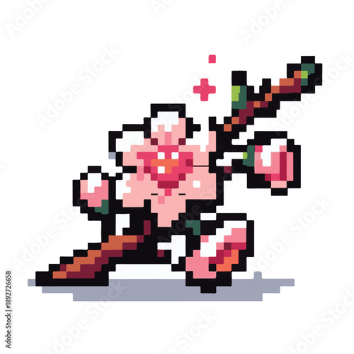 Pixel art illustration of a delicate cherry blossom branch with buds and leaves, rendered in a vibrant, retro style
