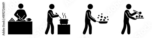 Cooking and food preparation icon set showing chopping, frying and serving food. Perfect for kitchen apps, recipes, restaurants, food blogs, culinary infographics and UI design.