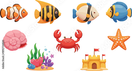 Beach and sea animal cartoon set. Colorful tropical fish crab coral starfish and sandcastle. Flat ocean illustrations for kids design, stickers, posters, and summer themes.
