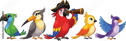 Bird cartoon character vector set. Cute colorful birds and pirate parrot illustration. Funny bird mascots isolated on white background.