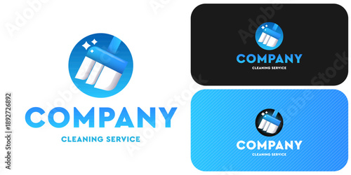 Professional cleaning company logo with broom icon and sparkles, modern janitorial service branding set on white, black and blue backgrounds vector