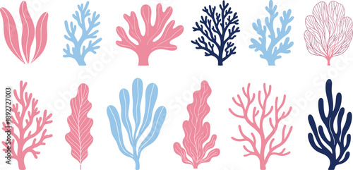 Coral and seaweed illustration set. Decorative marine plants in pastel and blue tones. Flat underwater ocean flora vectors for backgrounds, posters, branding, and coastal design.