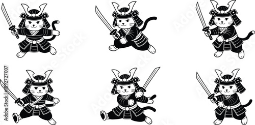 Black and white vector illustration set featuring cute cat characters in traditional Japanese samurai armor wielding katana swords for action and cultural mascot design
