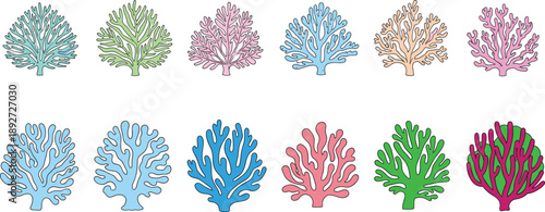 Coral illustration set. Decorative sea coral shapes in multiple bright colors. Flat marine coral vectors for ocean design, backgrounds, posters, and underwater themes.