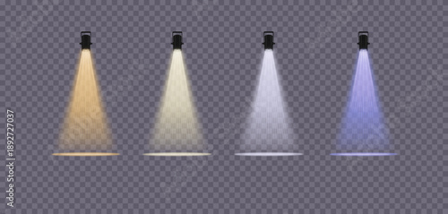 Stage lighting with spotlights, theater, concert, and stage lighting, lighting for studio talk shows, discos, and shows on a transparent background. Isolated lighting. Vector illustration.