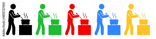 Cooking and food preparation icon set showing chopping, frying and serving food. Perfect for kitchen apps, recipes, restaurants, food blogs, culinary infographics and UI design.