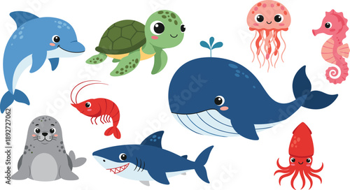 Cute sea animal cartoon set. Friendly ocean creatures including whale dolphin turtle shark and octopus. Colorful flat marine illustrations for kids design, games, and education.