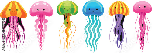 Jellyfish cartoon character set. Cute smiling sea creatures in bright colors. Kawaii flat underwater jellyfish illustrations for kids design, stickers, posters, and games.
