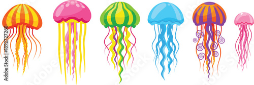 Jellyfish cartoon illustration set. Bright colorful sea creatures with flowing tentacles. Flat underwater jellyfish vectors for kids design, stickers, posters, and ocean themes.
