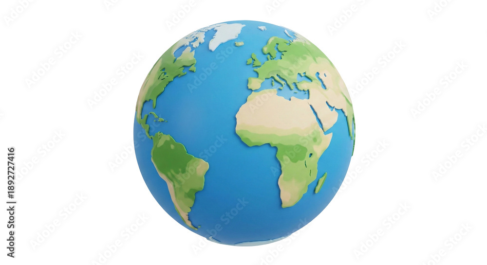 Fototapeta premium Stylized 3D Earth Globe with Detailed Continents and Oceans, Representing Global Connection and Ecology, isolated on transparent background for Modern Design Projects.