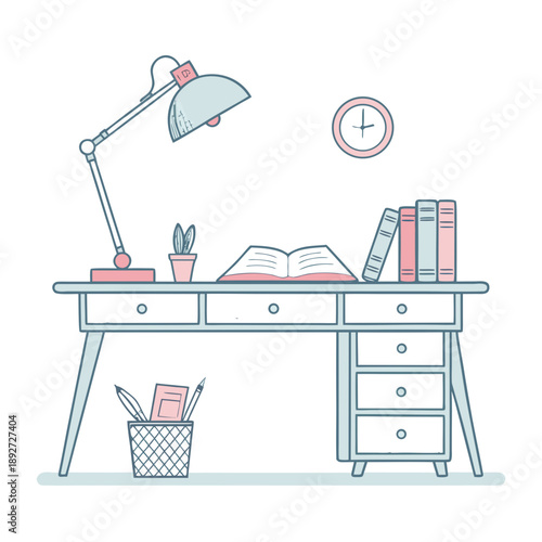 Study corner with desk, lamp, books, papers and clock in a modern workspace illustration