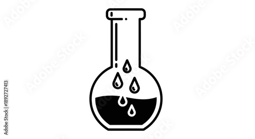 Round bottom laboratory flask with dark liquid drops, symbolizing a chemical experiment or scientific solution, a silhouette on an isolated white background.