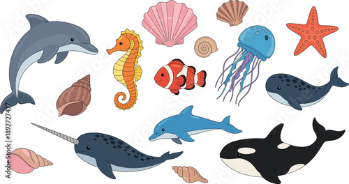 Marine animal cartoon set. Cute ocean creatures including dolphin whale fish and shells. Flat underwater wildlife illustrations for kids design, education, posters, and stickers.