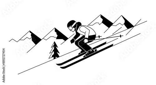 Person skiing rapidly downhill in a rugged mountain environment with evergreen trees, an exhilarating winter sports scene.