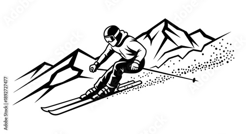 Dynamic male skier skiing downhill through a snowy mountain landscape, engaging in an adventurous winter sport.