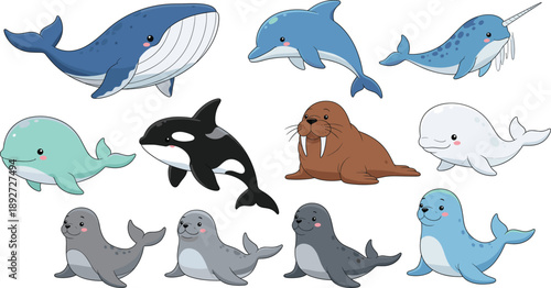 Marine animals cartoon vector set. Cute whales, dolphins, seals, walrus and orca. Adorable ocean animal illustrations isolated on white background.
