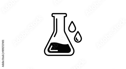 Outline of Erlenmeyer Flask with Falling Drops of Liquid, Depicting a Chemical Experiment or Reaction, isolated white background