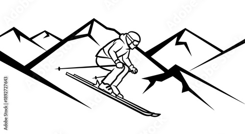 Aggressive Skier in Motion Descending Steep Mountains, Capturing the Adrenaline of Extreme Winter Sports, Black and White