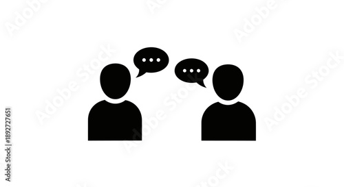 Two people icons with speech bubbles indicating communication and discussion, solid on isolated white background