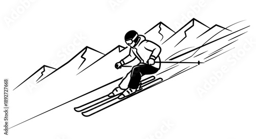 Dynamic Skier Descending Snowy Mountain Slopes with Poles, Engaging in a Winter Sport Activity, Black and White Outline Drawing