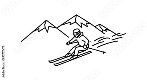 Skier Racing Downhill with Poles Amidst Rocky Mountains, Depicting an Intense Winter Sport, Black and White Outline