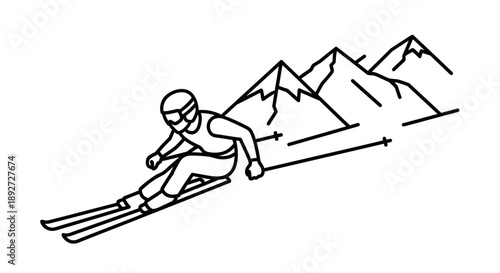 Professional Skier Descending a Steep Snowy Mountain Slope, Capturing the Thrill of Winter Sports, Black and White Line Art