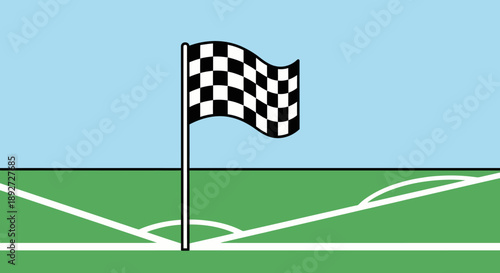 Checkered Flag Waving at Finish Line on a Green Race Track with Blue Sky Background, Representing Competition and Victory