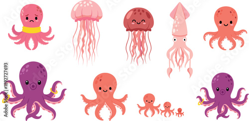 Octopus jellyfish squid cartoon set. Cute colorful sea animals with happy faces. Kawaii flat marine character illustrations for kids, stickers, games, and education.