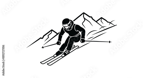 Dynamic Skier Descending Snowy Mountain Slope with Poles, Outdoor Winter Sport Icon on Isolated White Background.