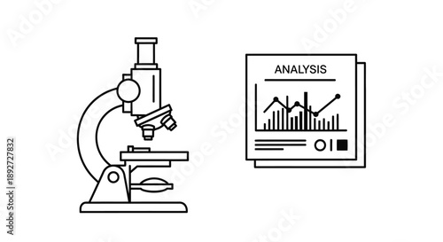 Detailed Microscope and Data Analysis Charts Icon for Scientific Research on Isolated White Background