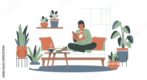 Relaxed young adult sitting on couch reading book surrounded by houseplants and modern furniture in cozy living room