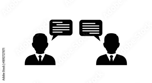 Two People Silhouettes with Speech Bubbles, Business Communication and Teamwork Meeting Icon on Isolated White Background.