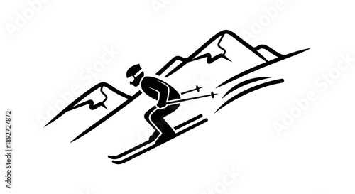 Outline of a Skier Descending Snowy Mountain Slopes