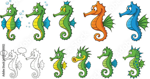 Seahorse cartoon character set. Cute colorful sea horses with different poses and expressions. Flat marine seahorse illustrations for kids design, stickers, games, and education.