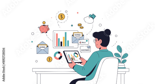 Person analyzing business data on tablet with financial graphs and symbols around
